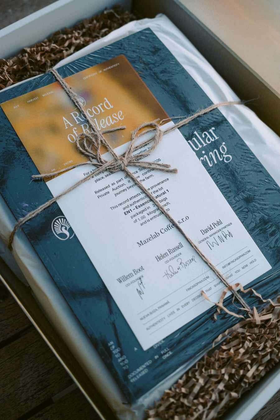 The Finca Sophia release box tied with twine
